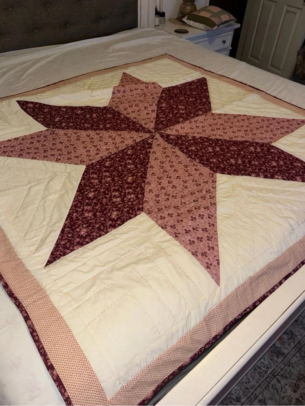 Handmade Star Patchwork Quilt in Pink and Deep Rose